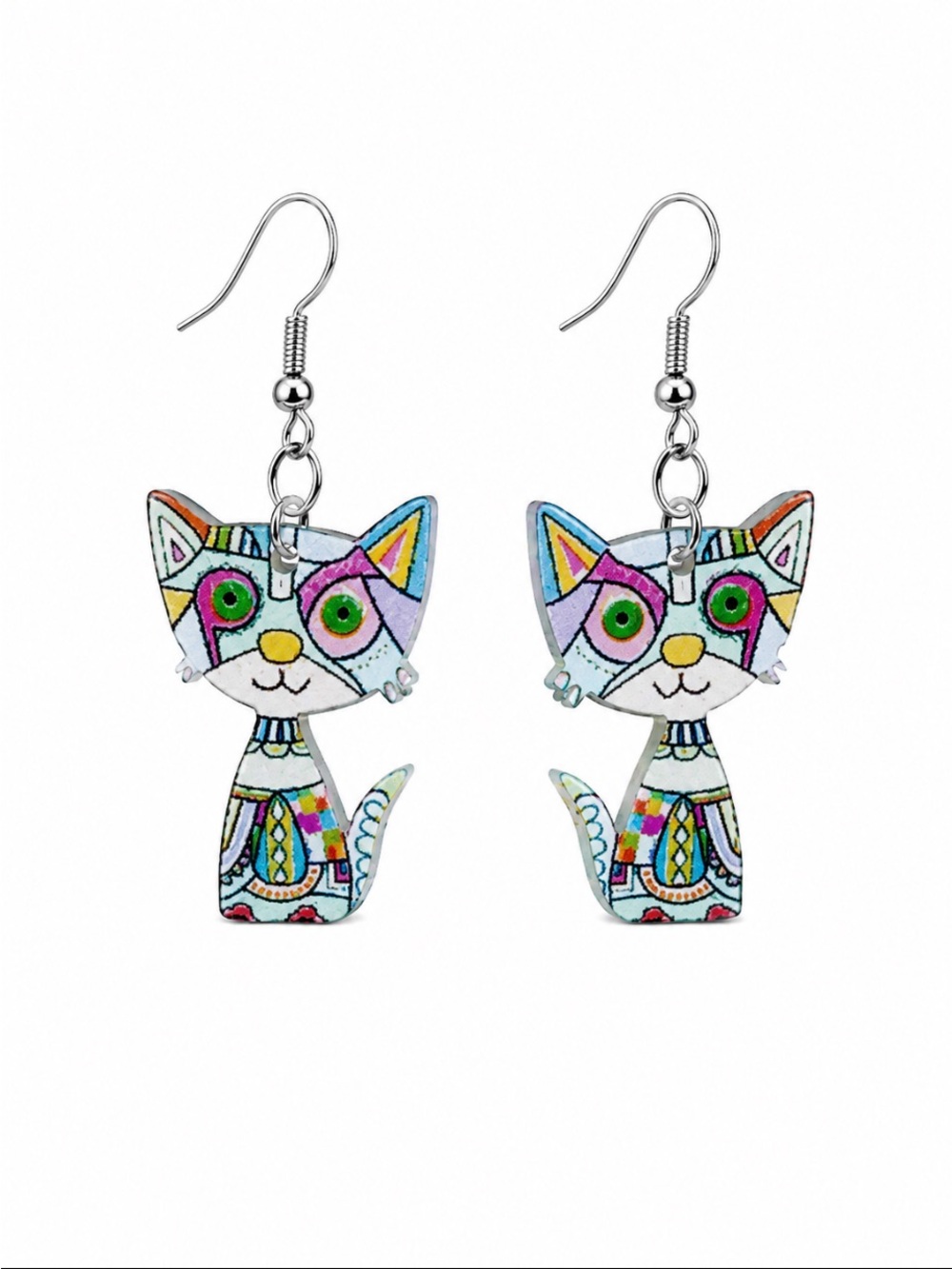 Colorful Whimsical Cat Dangle Earrings Silver Tone